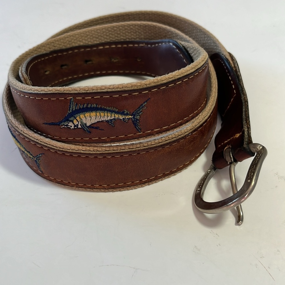 Ocean Rider canvas leather brown belt  marlin costal solid brass buckle size 36